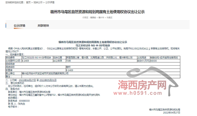 福州483亿协议出让122亩宅地楼面价2280元㎡！